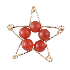 Carnelian Natural Red Agate/Carnelian Pendants, with Golden Plated Iron Eye Pin, Star, 29x29x6.5mm, Hole: 1mm