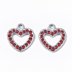 Светло-сиамский 304 подвески из нержавеющей стали, со стразами, сердце, цвет нержавеющей стали, Light Siam, 15x14x2 мм, отверстие : 1.5 мм