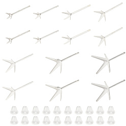 Серебро 7 пара 7 размер 925 фурнитура для сережек-гвоздиков из стерлингового серебра, 4 когти пустая серьга, с 20 пластиковыми ушными гайками, серебряные, 13~16x3.5~10.5x3.5~10.5 мм, штифты : 0.7 мм, 1 пара/размер