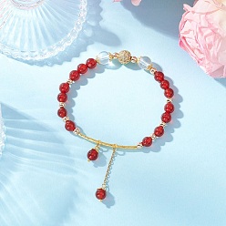 Красный Агат Браслеты с подвесками из натурального сердолика круглой формы для женщин, с круглой латунной микро проложить Цирконом бусы, внутренний диаметр: 2-1/4 дюйм (5.7 см)