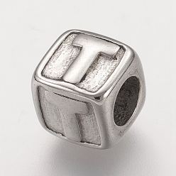 Letter T Устойчивые к потускнению 304 европейские бусины из нержавеющей стали, горизонтальное отверстие, бусины с большим отверстием, куб с letter.t, 8x8x8 мм, отверстие : 4 мм