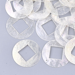 WhiteSmoke Capiz Shell Pendants, Flat Round with Rhombus, WhiteSmoke, 44~45x0.5~3mm, Hole: 1.2mm