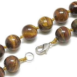 Tiger Eye Natural Tiger Eye Beaded Necklaces, with Alloy Lobster Clasps, Round, 18.1 inch~18.5  inch(46~47cm), round: 11.5~12mm