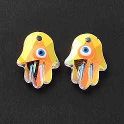 Оранжевый Стеклянные подвески от сглаза, хамса рука/рука мириам прелести, с эмалью, религия, граненые, с половинным покрытием ab цвета, оранжевые, 18x13.5x7 мм, отверстие : 1.6 мм