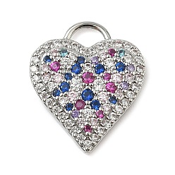 Разноцветный Латунные микро проложить кубического циркония подвески, сердце прелести, стойки покрытие, долговечный, без кадмия и без свинца, красочный, 19x16.5x3 мм, отверстие : 2.5 мм