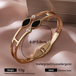 Horse Eye 304 Stainless Steel Black Enamel Hinged Cuff Bangles with Crystal Rhinestone for Women, Golden, Horse Eye, Inner Diameter: 2.36 inch(6cm)
