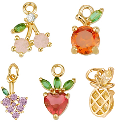 Real 18K Gold Plated 10Pcs 5 Styles Brass Charms, with Cubic Zirconia, Fruit, Real 18K Gold Plated, 9~13x5~8x2~3mm, Hole: 1.2~3mm, 2pcs/style