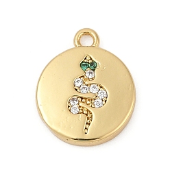 Прозрачный Латунные микро проложить кубического циркония прелести, плоский круг с рисунком змеи, без кадмия и без свинца, долговечный, стойки покрытие, реальный 18 k позолоченный, прозрачные, 12x10x2 мм, отверстие : 1.2 мм