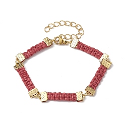 Brown Braided Waxed Polyester Rectangle Link Chain Bracelets, with Real 18K Gold Plated 304 Stainless Steel Clasps, Brown, 6-3/4 inch(17.3cm)