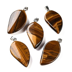 Ojo de Tigre Colgantes de ojo de tigre naturales, con 304 presas de acero inoxidable a presión, encanto de la hoja, 44~45x22~23x7~9 mm, agujero: 7x4 mm