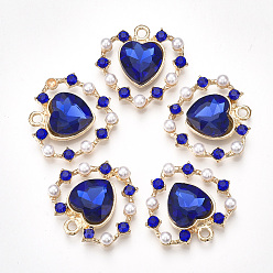 Синий Подвески из сплава , с пластиковой имитационной жемчужиной, стекло и стразы, сердце, золотой свет, синие, 26x26.5x6 мм, отверстие : 2 мм
