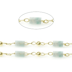 Amazonite Handmade Natural Amazonite Beaded Chains, Real 18K Gold Plated Plated Brass Chains, Soldered, with Spool, Long-Lasting Plated, 4~5x2~2.5mm, Beads: 2mm, Link: 2x1x0.2mm and 2x1.5x0.2mm, about 32.8 Feet(10m)/roll
