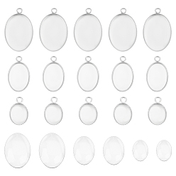 Нержавеющая Сталь Цвет 30 шт. 3 размеры 304 оправы для подвесок из нержавеющей стали, кружева края ободок чашки, овальные, с 30шт 3 размеры прозрачные овальные стеклянные кабошоны, цвет нержавеющей стали, лоток : 10.5~14x8.5~18 мм, 10~22x8~14x1~5 мм, отверстие : 1.9~2 мм, 10шт / размер