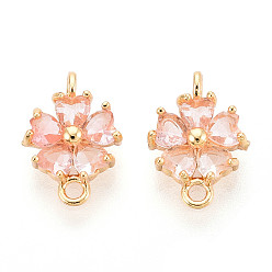 Настоящее золото 18K Подвески-коннекторы из латуни с розовым кубическим цирконием, цветок ссылки, реальный 18 k позолоченный, 11.5~13x8.5x3.5~4 мм, отверстие : 1.4~1.6 мм