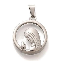 Нержавеющая Сталь Цвет Стеклянные подвески, с 304 фурнитурой из нержавеющей стали, плоские круглые с Девой Марией, вакуумное покрытие pvd, цвет нержавеющей стали, 24.5x21x6 мм, отверстие : 6x3.5 мм