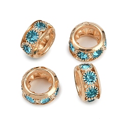 Light Gold Латунные бусины со стразами , рондель, синий циркон, золотой свет, 11.5x6 мм, отверстие : 5 мм