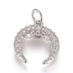 Платинированный Латунные микро проложить кубического циркония подвески, с целью перехода в кольце, долговечный, двойной рог / полумесяц, прозрачные, Реальная платина, 15x13.5x2.5 мм, отверстие : 3.5 мм