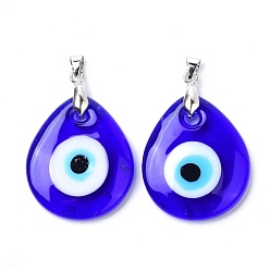 Platinum Handmade Evil Eye Lampwork Pendants, Teardrop, Platinum, 35x29.5x5.5mm, Hole: 4x6mm