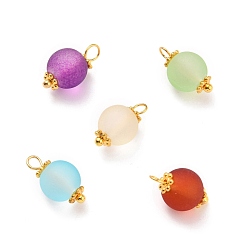 Mixed Color Transparent Frosted Glass Pendants, with Alloy Flower Daisy Spacer Beads and Brass Pin, Round, Golden, Mixed Color, 14x8mm, Hole: 2mm