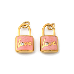 Pink 304 подвески из нержавеющей стали с эмалированными кристаллами и стразами, замок со словом любовь, ионное покрытие (ip), золотые, с целью перехода в кольце, розовые, 16x10x4.5 мм, отверстие : 3.5 мм