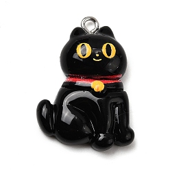 Cat Shape Подвески из непрозрачной смолы на Хэллоуин, с железной платиной петлей, чёрные, форма кошки, 28x20x6 мм, отверстие : 2 мм