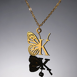 Letter K 304 ожерелья с подвеской в виде бабочки из нержавеющей стали, золотые, Письмо K, 15.75 дюйм (40 см)
