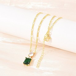 Настоящее золото 18K Подвеска в виде флакона духов из латуни с прозрачными кубическими циркониями и зеленым стеклом, цепочка Фигаро для женщин., долговечный, стойки покрытие, без свинца и без кадмия, реальный 18 k позолоченный, 16.10 дюйм (40.9 см)