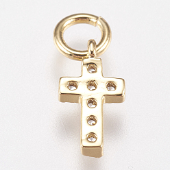Golden Brass Micro Pave Cubic Zirconia Tiny Cross Charms, Golden, 9x5x1.5mm, Hole: 2mm
