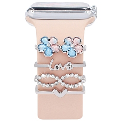 Platinum Word Love & Heart Alloy Rhinestones Watch Band Charms Set, Watch Band Studs, Decorative Ring Loops, Platinum, Inner Diameter: 2.2x0.35cm, 4pcs/set