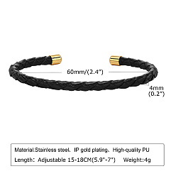 Black Imitation Leather Twist Rope Cuff Bangle, with Stainless Steel Findings, Black, 5-7/8~7-1/8 inch(15~18cm)