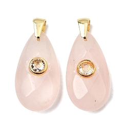 Розовый Кварц Природного розового кварца подвески, Граненые подвески в форме капли с фурнитурой из прозрачных кубических цирконий, инкрустированной латунью методом микропаве., золотые, стойки покрытие, 25x13.5x8 мм, отверстие : 4x4 мм