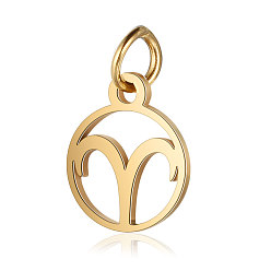 Aries 201 Stainless Steel Charms, with Jump Rings, Polished, Flat Round with Constellation, Golden, Aries, 13x11x1mm, Hole: 2.5mm