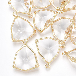Clear Glass Pendants, with Brass Findings, Faceted, Heteromorphism, Golden, Clear, 21.5x18x8mm, Hole: 1.5mm