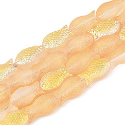 Золотистый Матовые стеклянные бусины, рыба, золотые, 15x8.1x5 мм, отверстие : 0.9~1 мм, около 55 шт / нитка, 25.59'' (65 см)