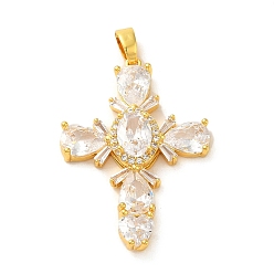 Настоящее золото 16K Латунные микропаве прозрачные подвески с фианитом, без кадмия и без свинца, крестик, реальный 16 k позолоченный, 31.5x22x5 мм, отверстие : 5x2 мм