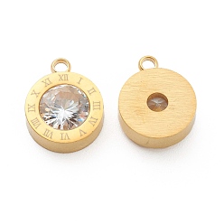 Golden 304 Stainless Steel Rhinestone Charms, Flat Round with Roman Numerals, Crystal, Golden, 14x11x4.5mm, Hole: 1.8mm