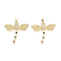 Настоящее золото 18K Латунные микро-паве красочные кубические циркониевые подвески, стрекоза прелести, реальный 18 k позолоченный, 28x28x4.5 мм, отверстие : 4.5x2 мм