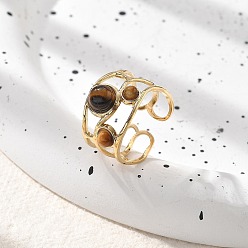 Тигровый глаз Натуральный тигровый глаз кольца палец, 304 полые открытые манжеты из нержавеющей стали для женщин, 13 мм, регулируемый