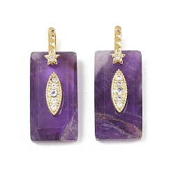 Améthyste Pendentifs à facettes en améthyste naturelle, Breloques rectangulaires serties de micro-pavés en laiton et de zircones cubiques transparentes, réel 18 k plaqué or, sans cadmium et sans plomb, crémaillère plaquage, plaqué longue durée, 25x13x7mm, Trou: 5x6mm