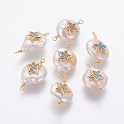 Deep Sky Blue Natural Pearl Links connectors, with Brass Micro Pave Cubic Zirconia Findings, Nuggets with Star, Golden, Deep Sky Blue, 20~24x11~14x6~8mm, Hole: 1.6mm