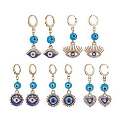 Mixed Shapes Evil Eye Lampwork Dangle Leverback Earrings, Alloy Crystal Rhinestone Drop Earrings, Mixed Shapes, 41~47.5x13~16mm