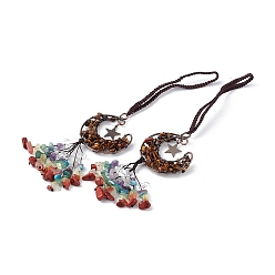 Тигровый глаз Натуральный тигровый глаз луна с украшениями из кисточек из смешанной крошки драгоценных камней, с реечным покрытием выводы из латуни с покрытием из красной меди, без кадмия и без свинца, 205~208 мм