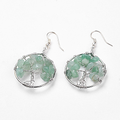 Зеленый Авантюрин Натуральный зеленый авантюрин болтаться серьги, с  латунными крючками для серег, Кольцо с деревом жизни, платина, 53 мм, кулона: 37x30x6 мм, контактный: 0.6 мм