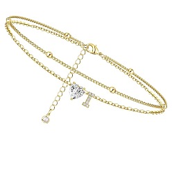 Letter I Двухслойные браслеты на ногу с подвесками в виде сердца и буквы из латуни и кристаллов горного хрусталя, золотые, Буква "i", 8-5/8 дюйм (220 мм)