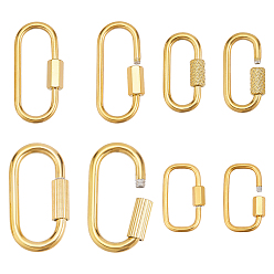 Real 18K Gold Plated 8Pcs 4 Styles 304 Stainless Steel Locking Carabiner, Real 18K Gold Plated, 14.5~32x10~16.5x2~3mm, 2pcs/style