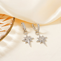 Серебро Серьги-кольца из латуни с прозрачным кубическим цирконием в форме звезды, серебряные, 50x21 мм