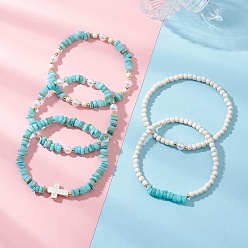 (52) Непрозрачная лаванда 5 шт. 5 стили браслеты из натуральных пресноводных ракушек с бусинами, с синтетической бирюзой для женщин, разноцветные, внутренний диаметр: 2-1/8~2-3/8 дюйм (5.45~6.05 см)