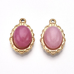 Белый Нефрит Крашеные натуральный белый нефрит подвески, овальные амулеты, с 304 установками из нержавеющей стали, реальный 14 k позолоченный, фламинго, 17x11.2x6 мм, отверстие : 1.2 мм