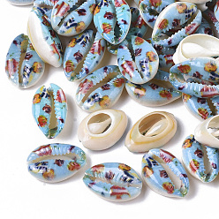 Bleu Ciel Clair Perles de coquillage cauri naturel imprimées, pas de trous / non percés, avec motif de fleurs, lumière bleu ciel, 18~25x12~15x7mm