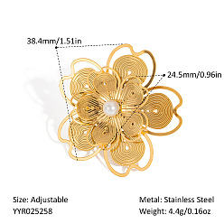Настоящее золото 18K 304 открытые манжеты из нержавеющей стали, цветок, с имитацией жемчуга, реальный 18 k позолоченный, 38.4 мм, внутренний диаметр: регулируемый